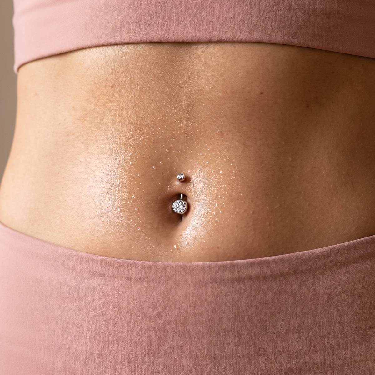 14 Gauge Titanium Double Crystal Belly Bar worn by female gym model