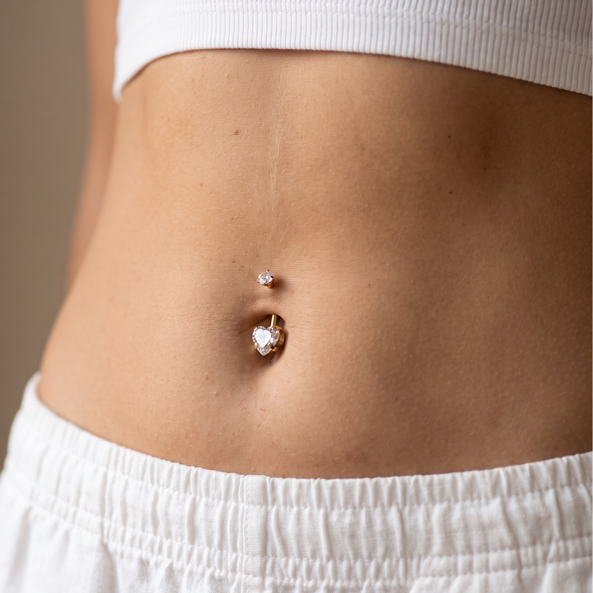 14 Gauge Titanium Double Crystal Heart Belly Button Bar