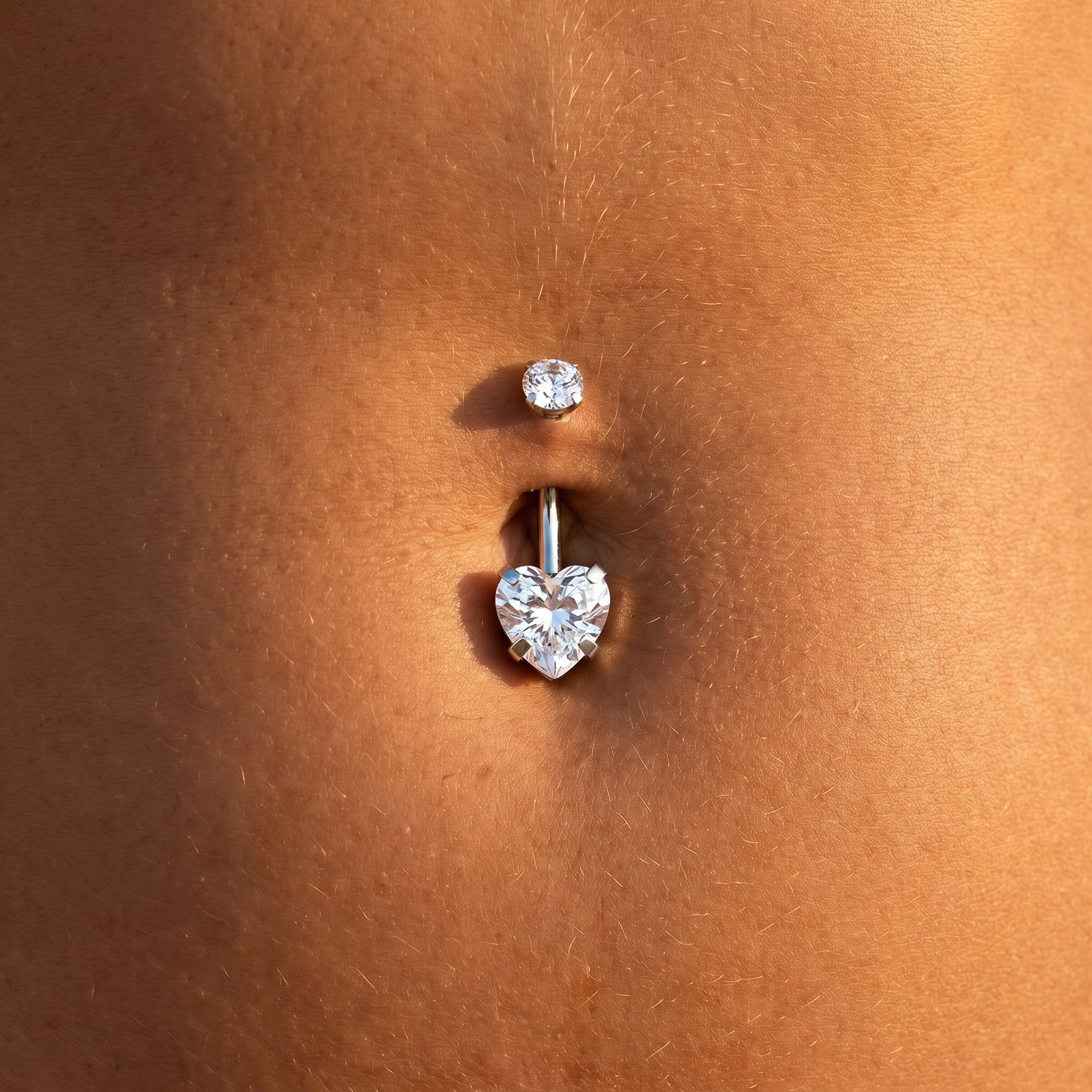 14 Gauge Titanium Double Crystal Heart Belly Button Bar