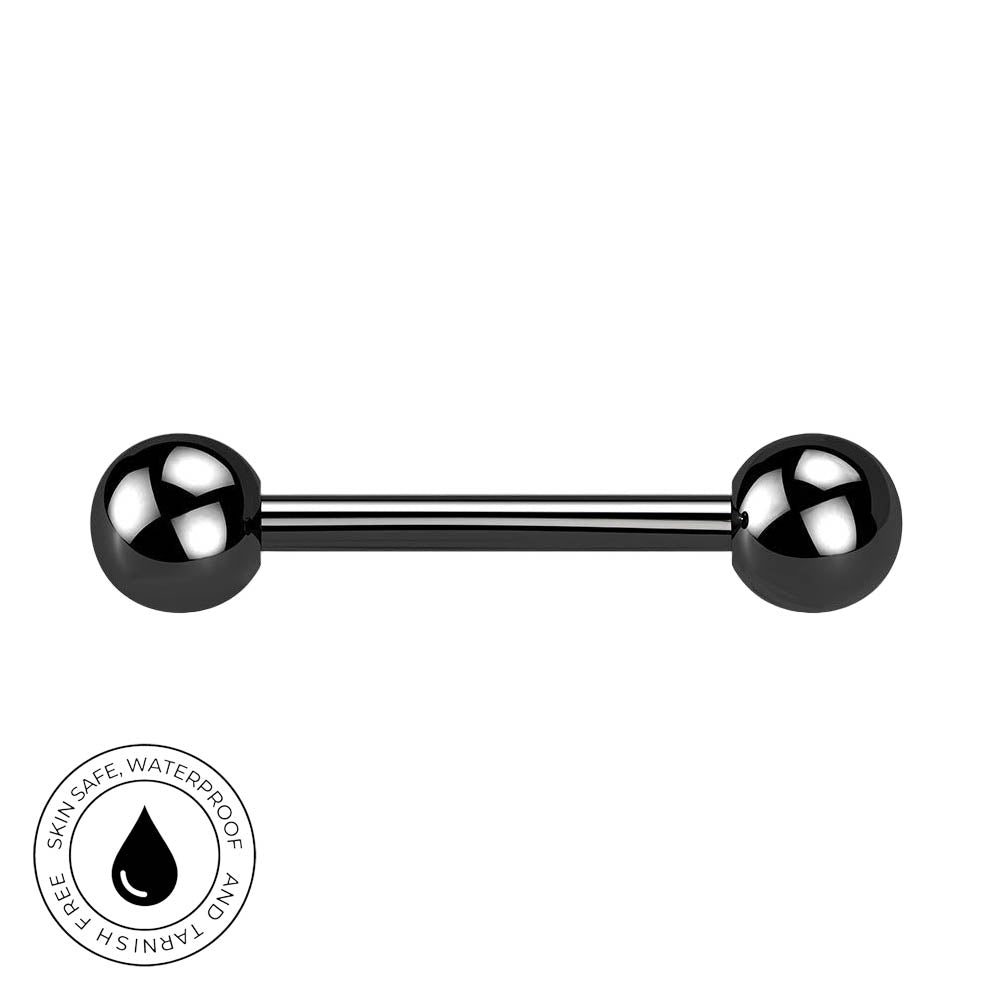 A black barbell stud piercing jewelry piece with a polished metallic finish, shown against a plain white background with a circular 'Skin Safe Waterproof' certification badge in the bottom-left corner.