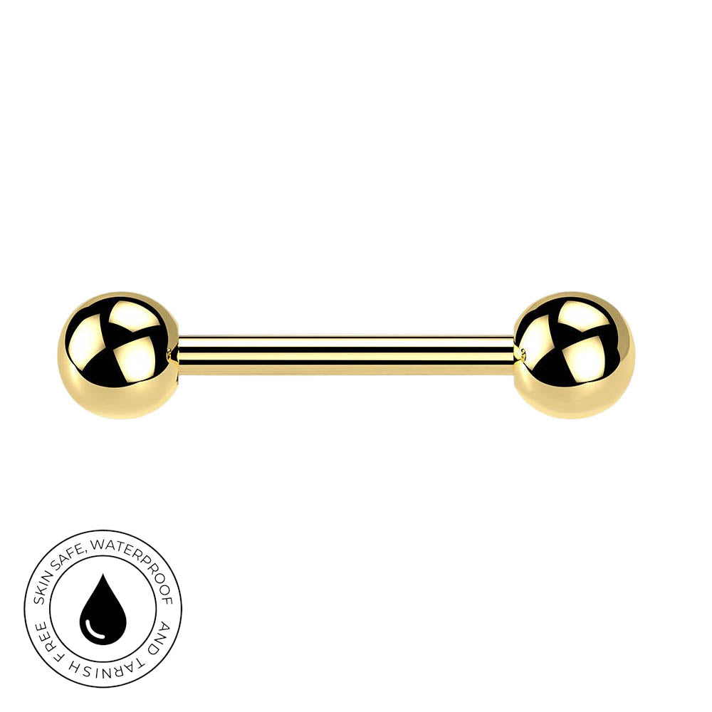 A gold-plated barbell stud piercing jewelry piece with two spherical ball ends, shown horizontally on a plain white background with a circular 'Skin Safe Waterproof' certification badge in the bottom-left corner.