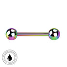 An iridescent rainbow barbell stud with two spherical ends, shown on a plain white background with a circular 'Skin Safe Waterproof' badge in the bottom-left corner.