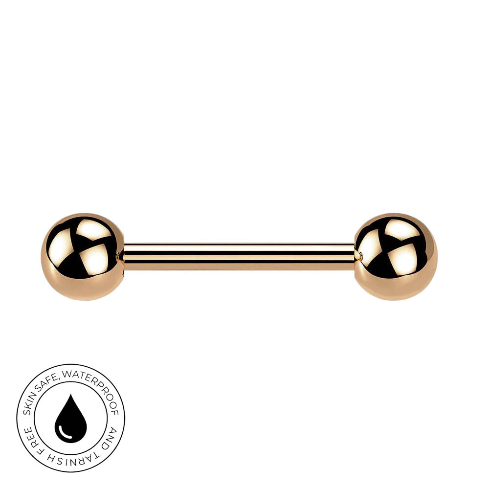 A rose gold barbell stud piercing jewelry piece with two polished spherical ball ends, shown horizontally on a plain white background with a circular 'Skin Safe Waterproof' certification badge in the bottom-left corner.
