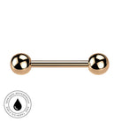 A rose gold barbell stud piercing jewelry piece with two polished spherical ball ends, shown horizontally on a plain white background with a circular 'Skin Safe Waterproof' certification badge in the bottom-left corner.
