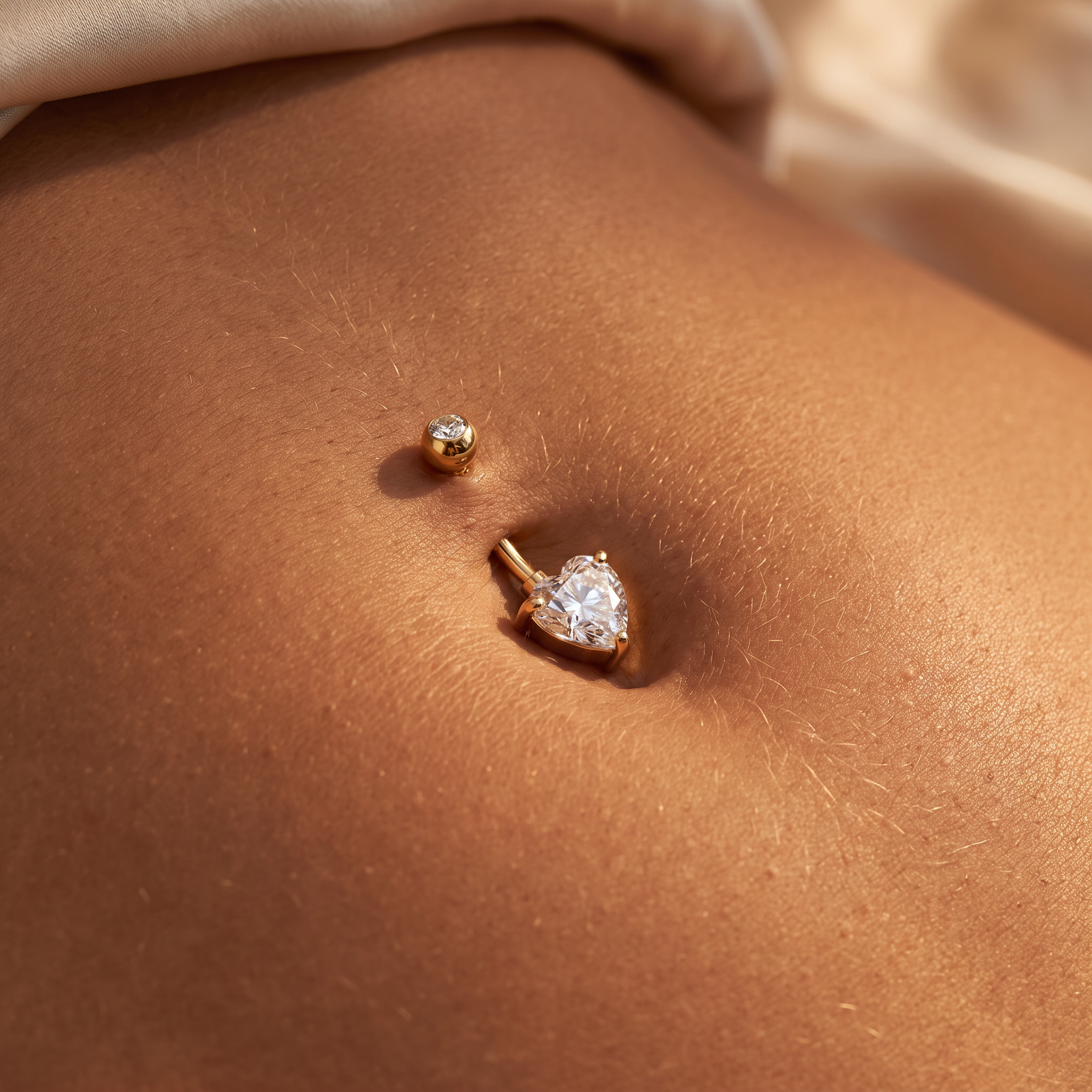A close-up of a person's navel showing two gold-toned belly button piercings: a small round stud and a larger heart-shaped stud with a clear gemstone.