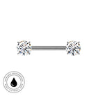 A silver-toned barbell piercing jewelry piece with two round-cut clear gemstones, shown on a plain white background with a circular 'skin-safe waterproof and tarushi free' badge in the lower-left corner.