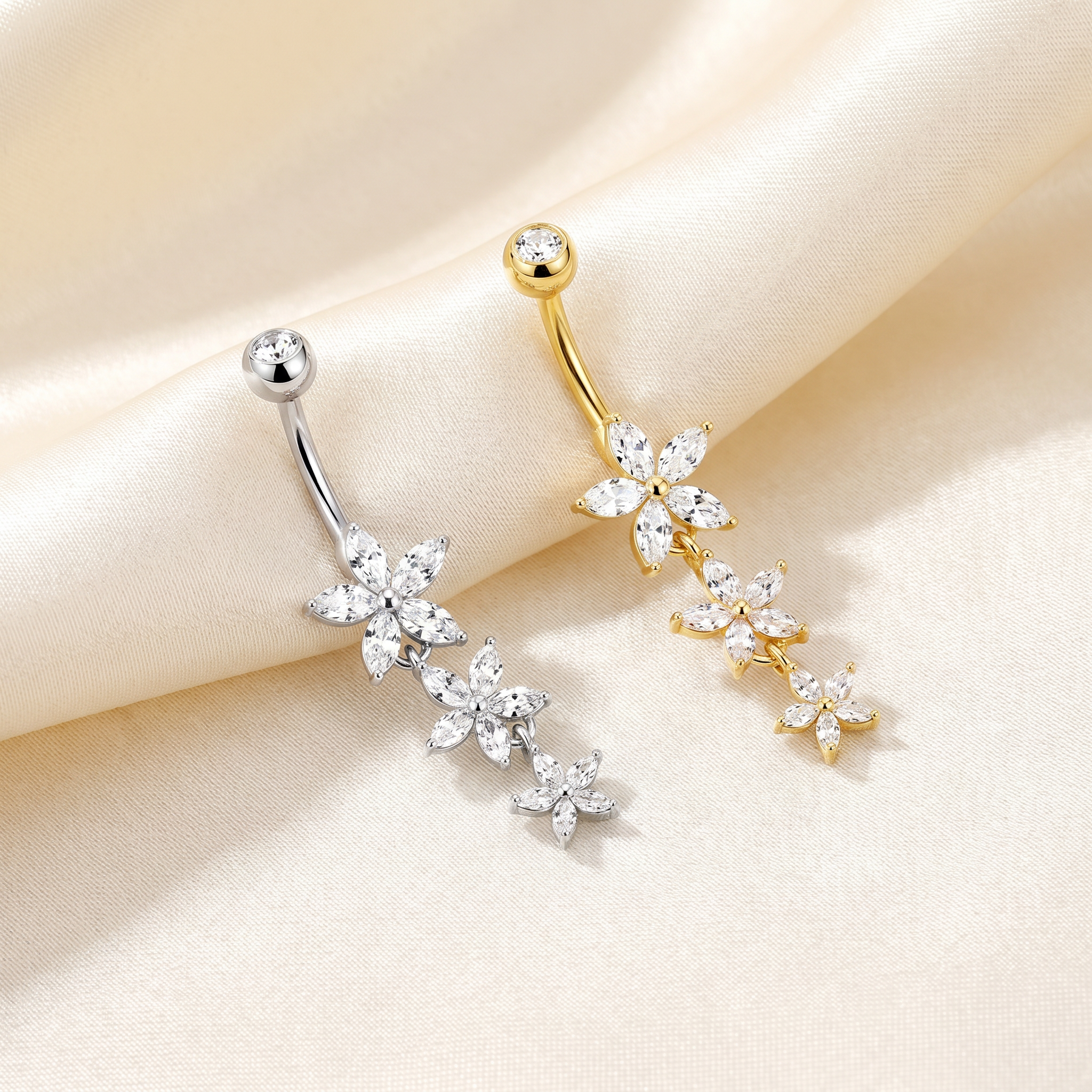 14 Gauge Triple Dangling Flower Belly Button Bar