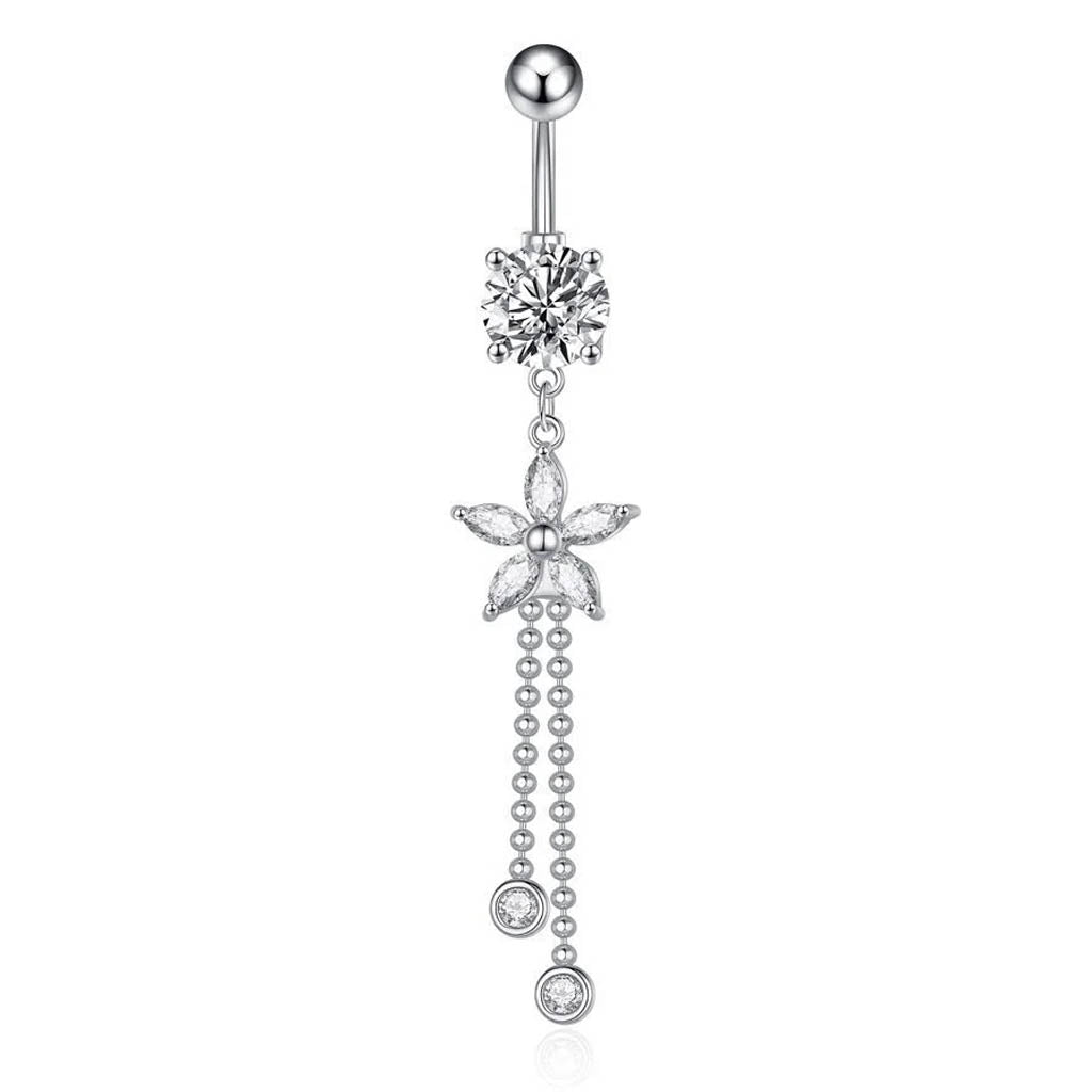 A silver-toned belly button ring featuring a dangling flower design with clear rhinestones and bead chains, shown on a plain white background.