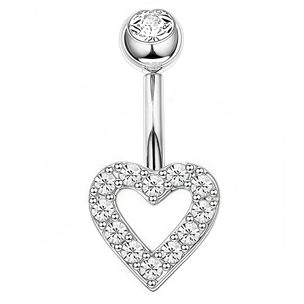 Silver-toned belly button ring with a heart-shaped bezel setting paved with clear cubic zirconia stones, featuring a central cutout and a round top ball with a matching stone.