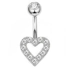 Silver-toned belly button ring with a heart-shaped bezel setting paved with clear cubic zirconia stones, featuring a central cutout and a round top ball with a matching stone.
