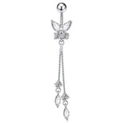 A silver-toned belly button ring featuring a butterfly and bow design adorned with clear crystals, with three dangling chain drops ending in marquise and round clear crystals, shown on a plain white background.