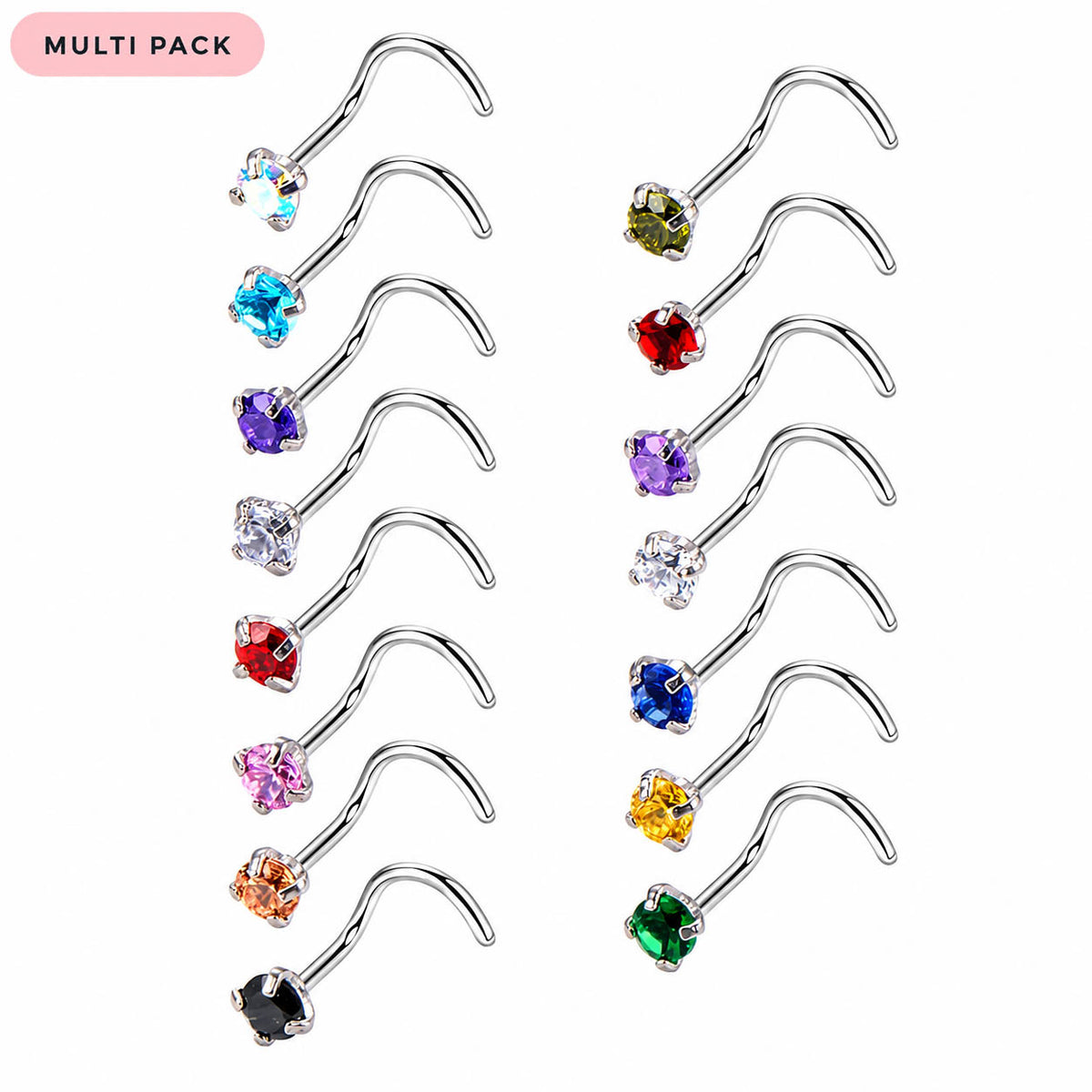 Multi Pack Of 15 Curved Crystal Nose Studs