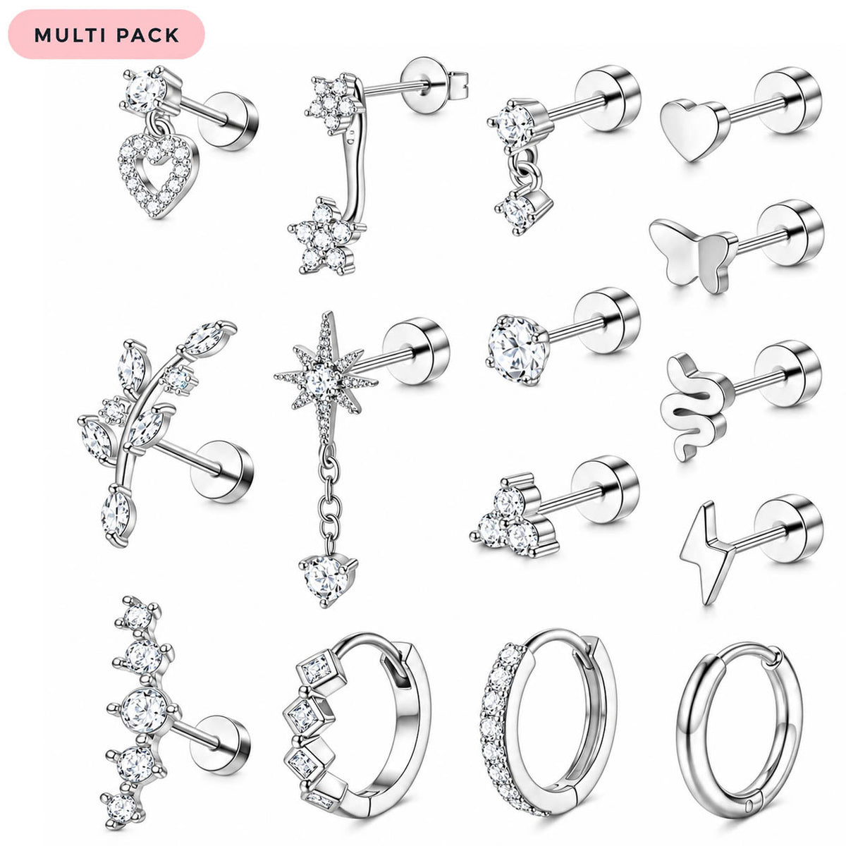 Multi Pack Of 15 Surgical Steel Crystal Studs & Hoops