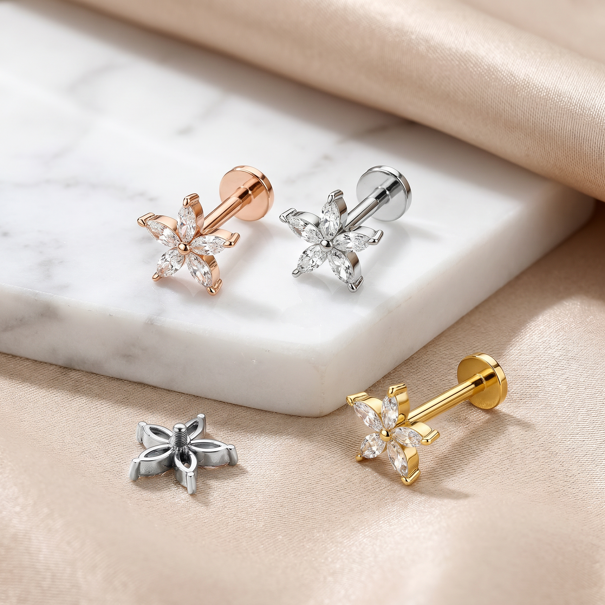 16 Gauge Flat Back Internally Threaded Crystal Flower Stud