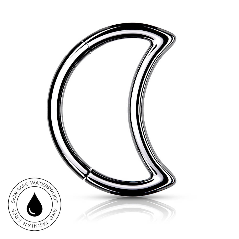A polished stainless steel crescent-shaped ring, likely for body jewelry or piercings, shown on a white background with a small circular 'Skin Safe Waterproof' badge in the bottom-left corner.