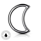 A polished stainless steel crescent-shaped ring, likely for body jewelry or piercings, shown on a white background with a small circular 'Skin Safe Waterproof' badge in the bottom-left corner.