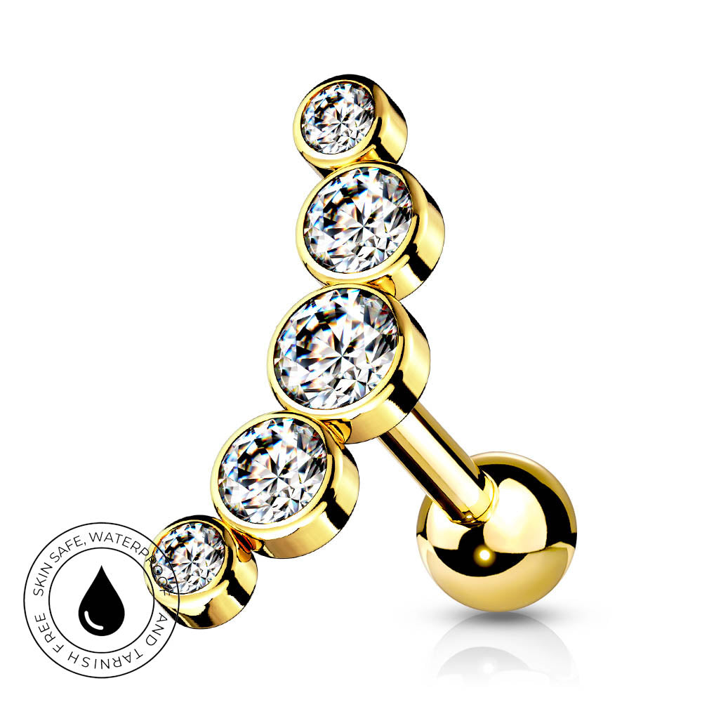 Gold-plated curved barbell piercing stud with four clear round-cut cubic zirconia stones, shown on a white background with a circular 'Skin Safe Waterproof' badge in the lower-left corner.