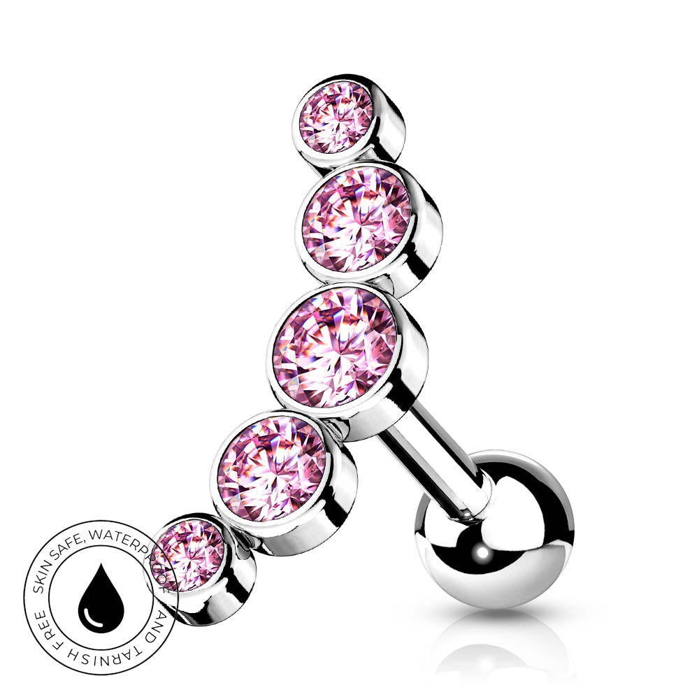 A silver-toned curved barbell piercing jewelry piece with five stacked round pink gemstones, shown on a white background with a small circular skin-safe water-pipe icon in the lower left.