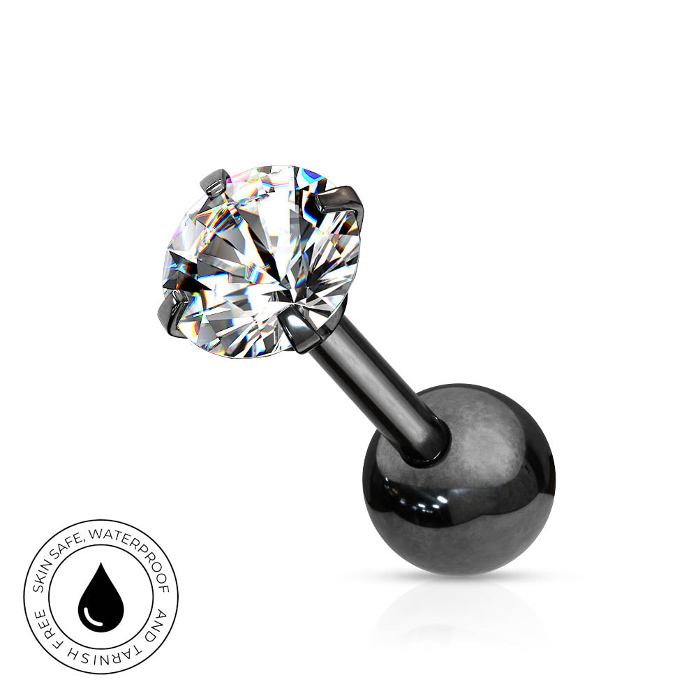 Black ball labret piercing stud with a clear faceted gemstone in a prong setting, shown on a white background with a circular skin-safe waterproof badge in the lower-left corner.