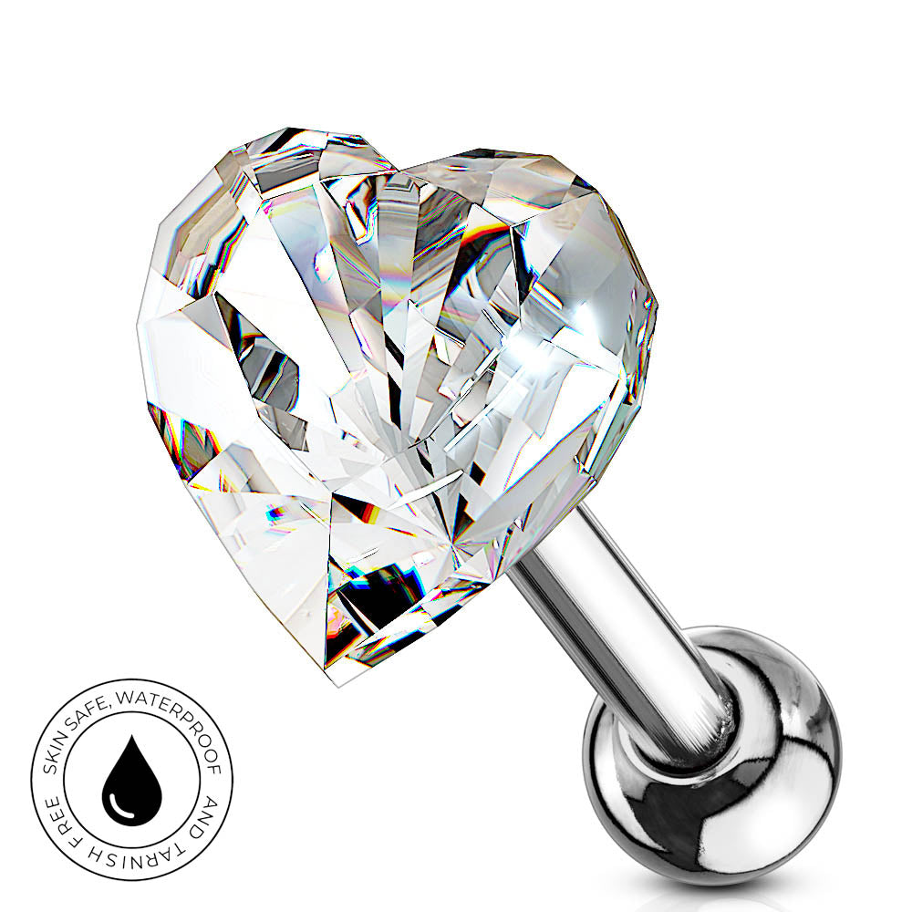 16 Gauge Hypoallergenic Crystal Heart Cartilage Stud