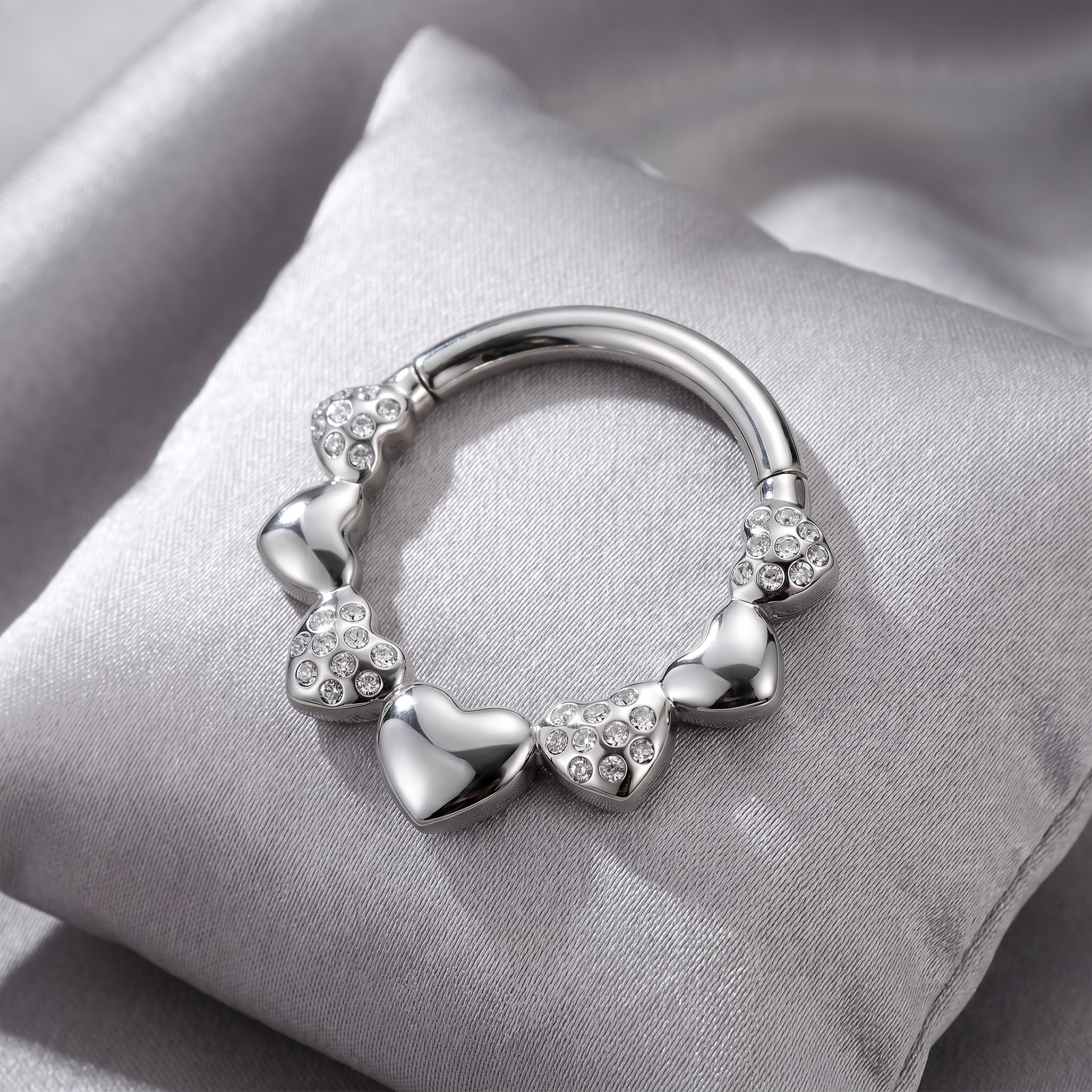 16 Gauge Hypoallergenic Crystal Hearts Hinged Hoop Ring