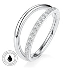 A silver-toned double-band ring with a channel-set row of clear cubic zirconia stones on the front band, shown on a white background with a small circular 'skin-safe waterproof' badge in the lower left.