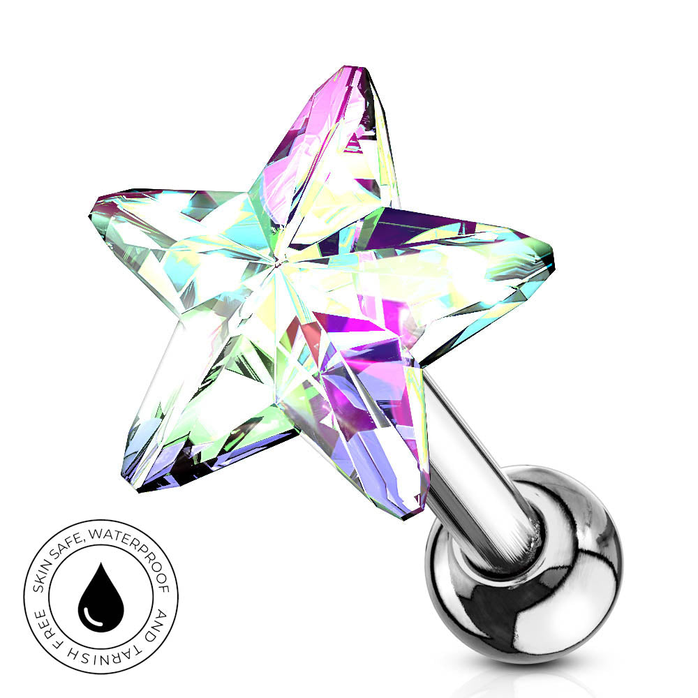 A star-shaped iridescent acrylic labret piercing stud with a polished silver ball back, shown on a white background with a circular 'Skin Safe Waterproof' badge in the lower-left corner.