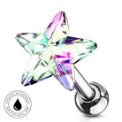 A star-shaped iridescent acrylic labret piercing stud with a polished silver ball back, shown on a white background with a circular 'Skin Safe Waterproof' badge in the lower-left corner.