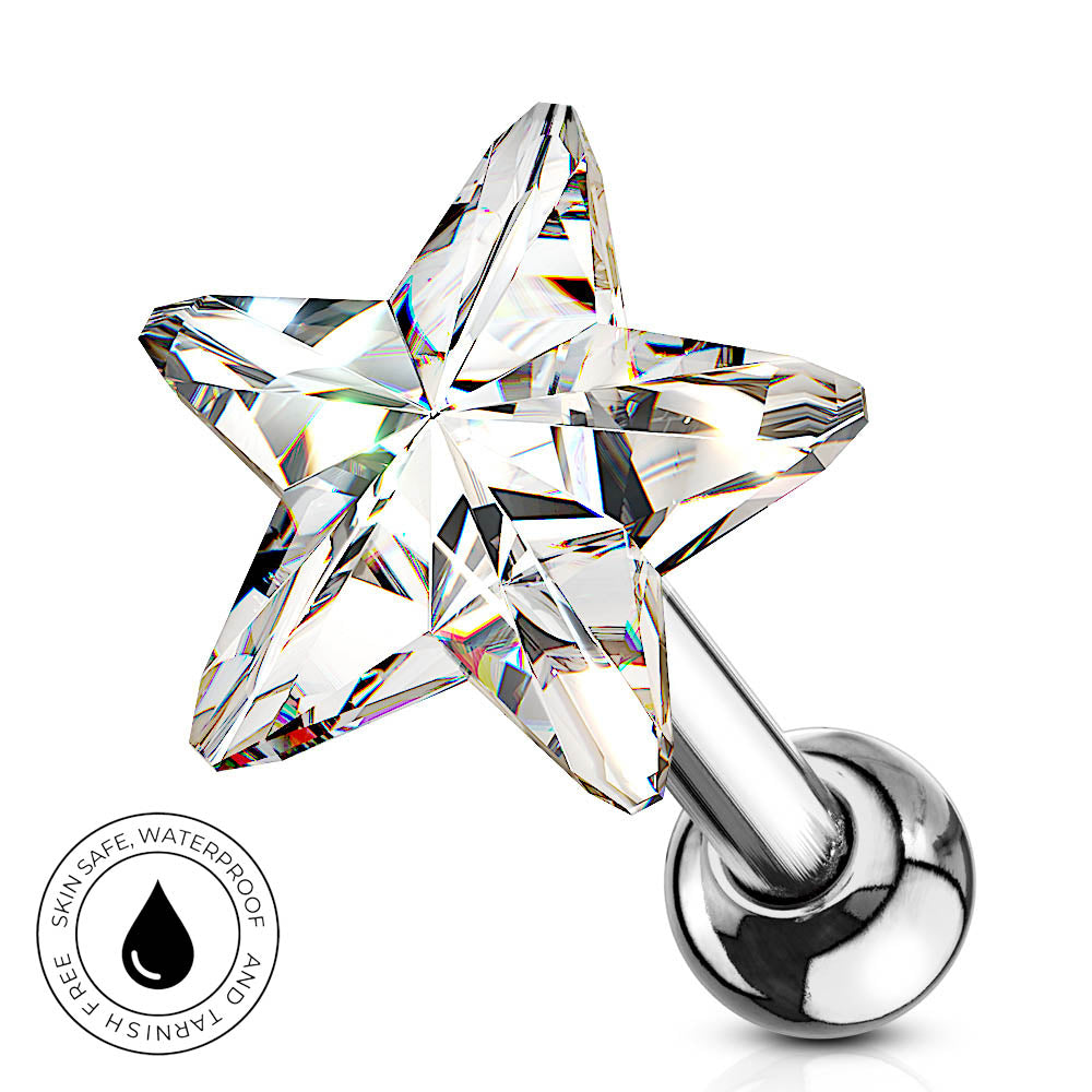 A five-pointed star-shaped clear crystal or acrylic top with a polished silver curved post and ball back, shown on a white background with a circular 'skin-safe waterproof' badge in the lower left.
