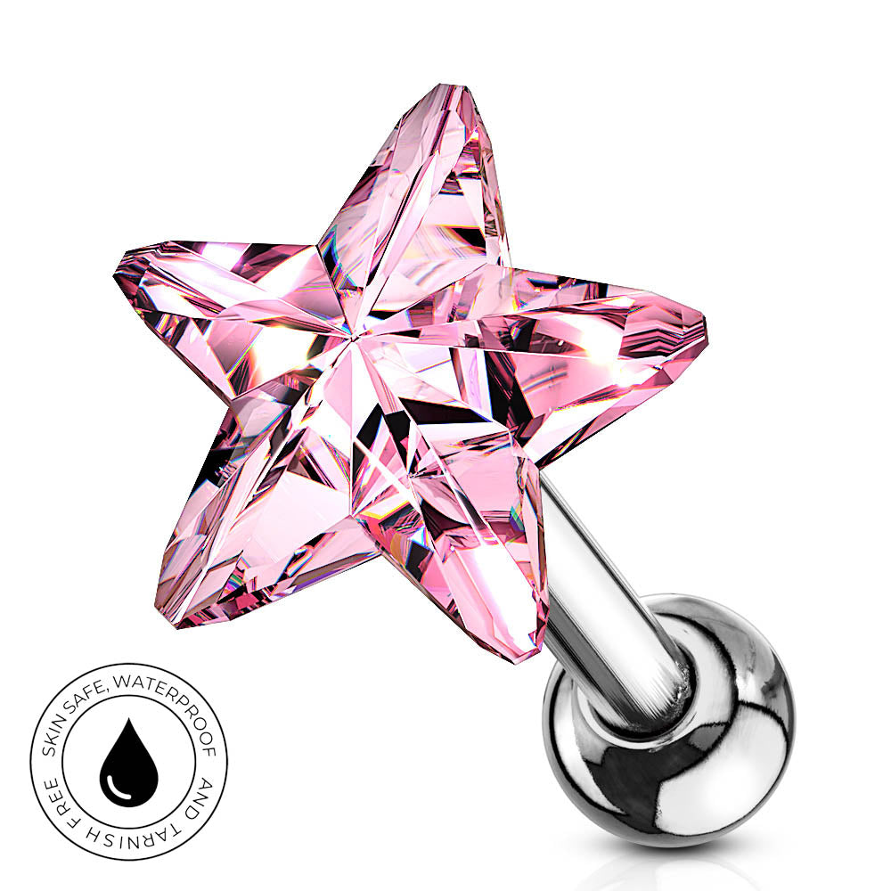 A pink faceted star-shaped labret piercing stud with a polished silver-tone ball back, shown on a white background with a circular 'Skin Safe Waterproof' badge in the lower left corner.