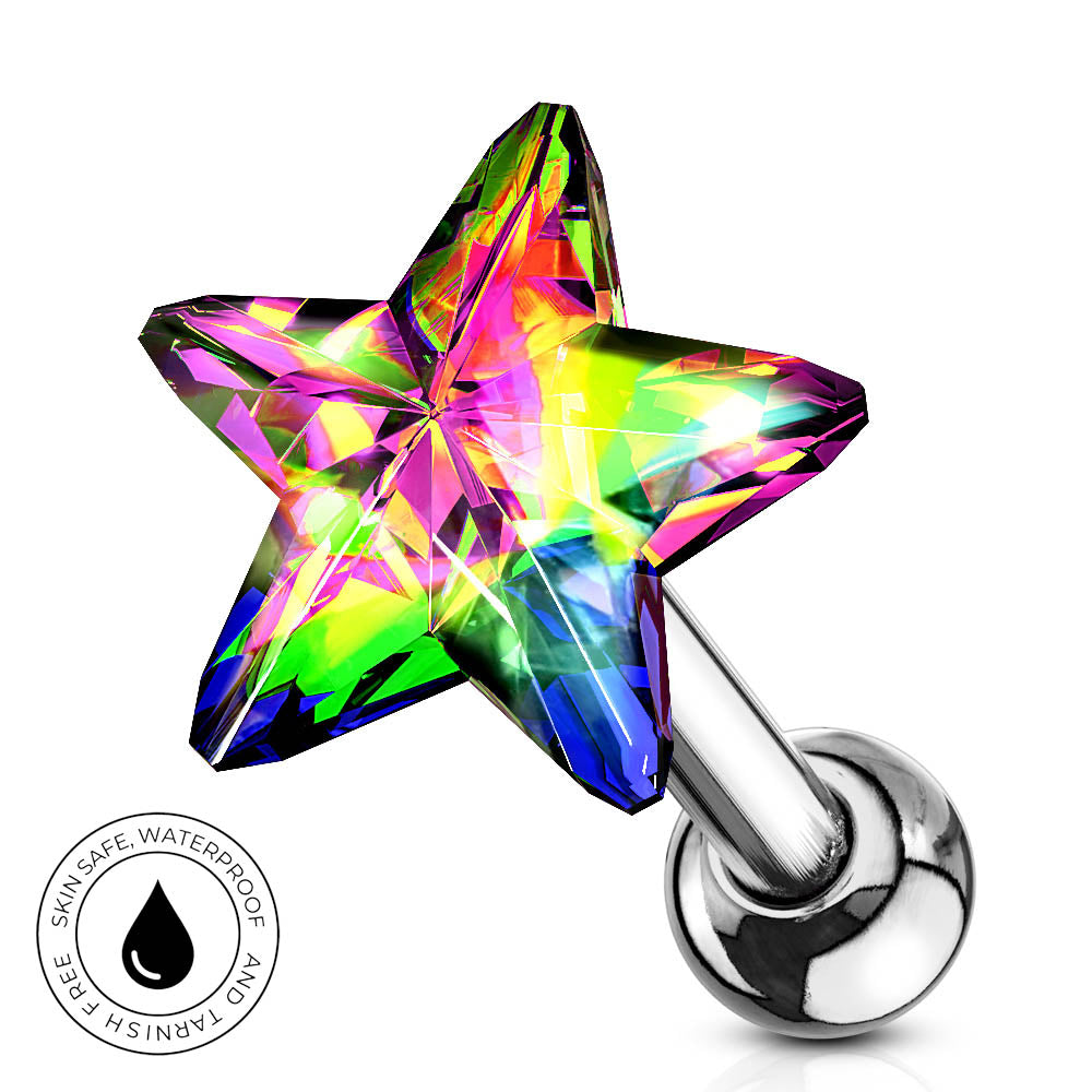 A star-shaped labret piercing stud with a faceted, iridescent rainbow crystal head and a polished silver ball back, shown on a white background with a 'Skin Safe Waterproof' badge in the lower left corner.