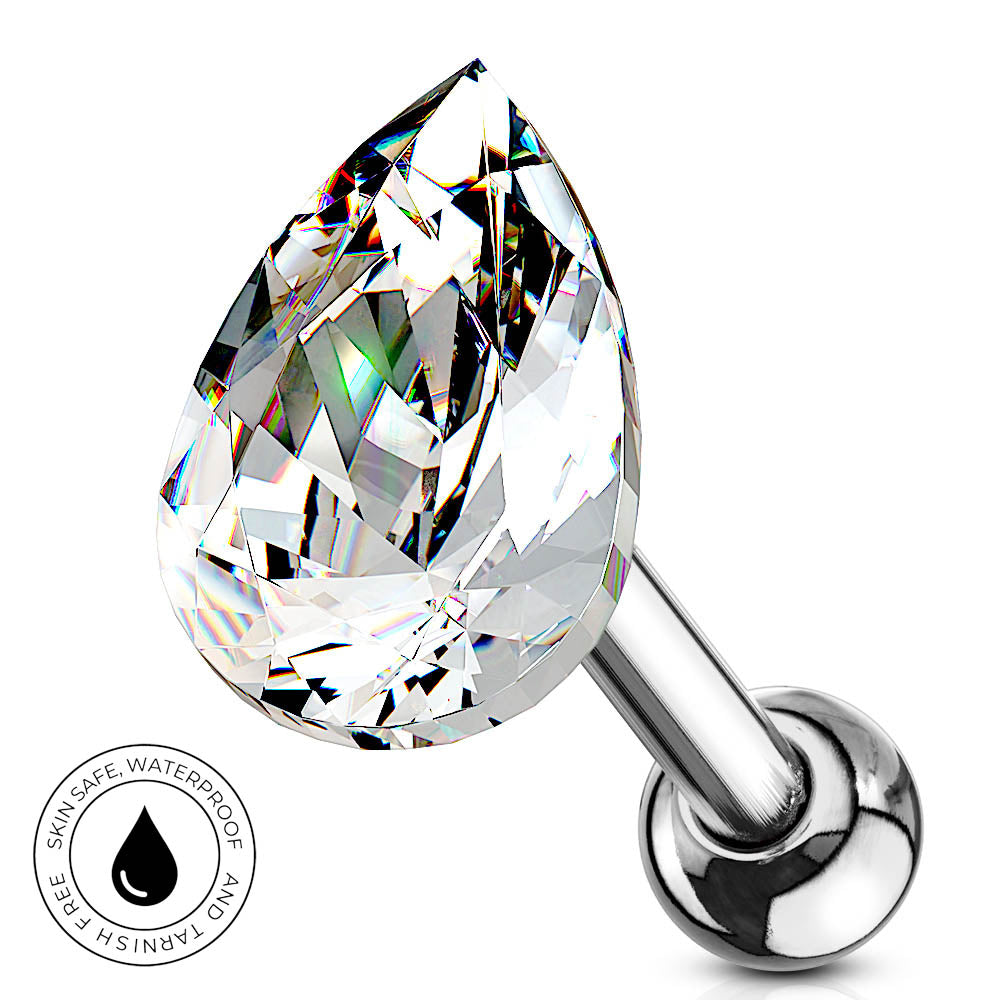 A teardrop-shaped clear faceted gemstone stud with a polished silver metal post and ball end, shown on a white background with a circular 'Skin Safe Waterproof' badge in the lower left.