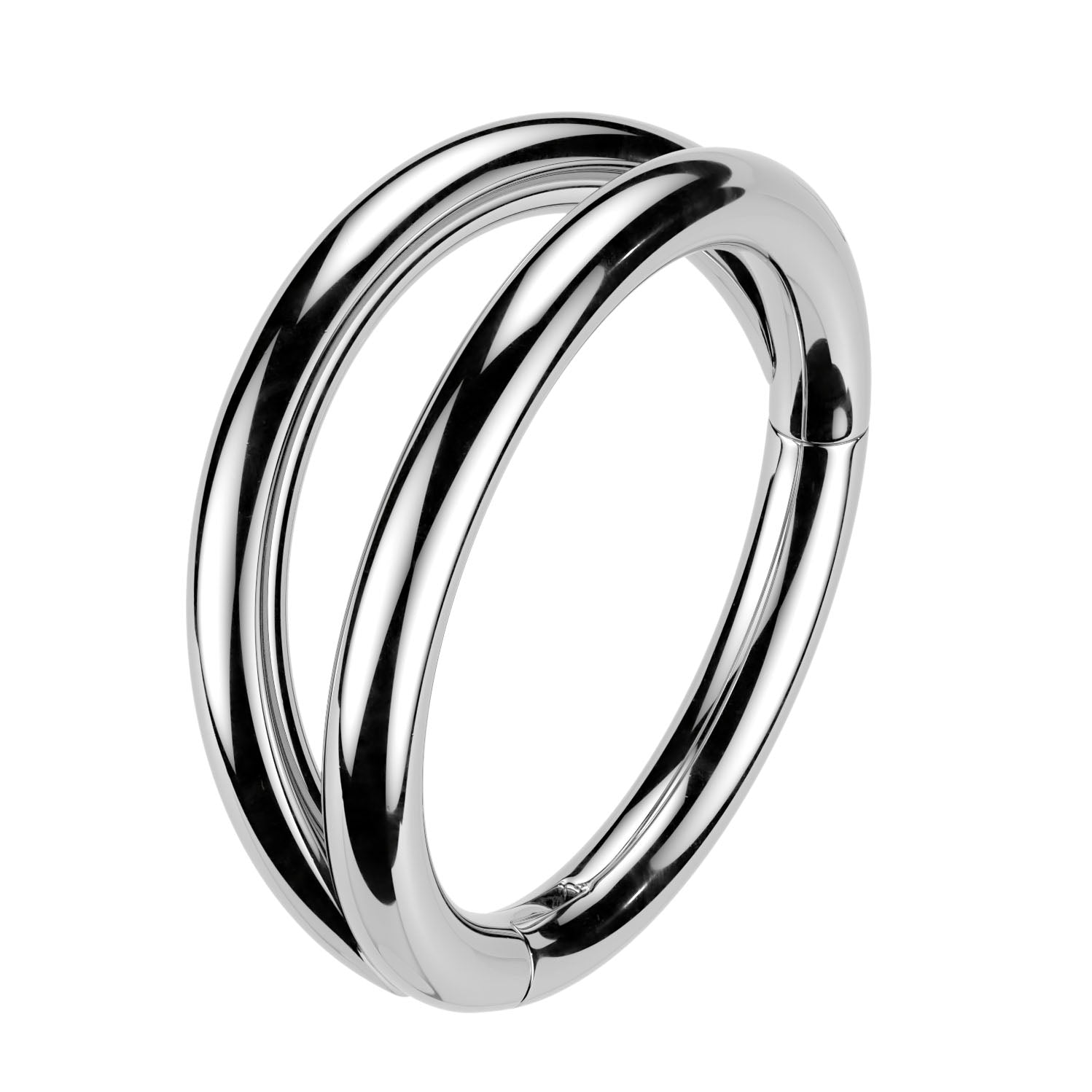A polished silver-toned metal ring with a modern, multi-looped design, shown on a clean white background.