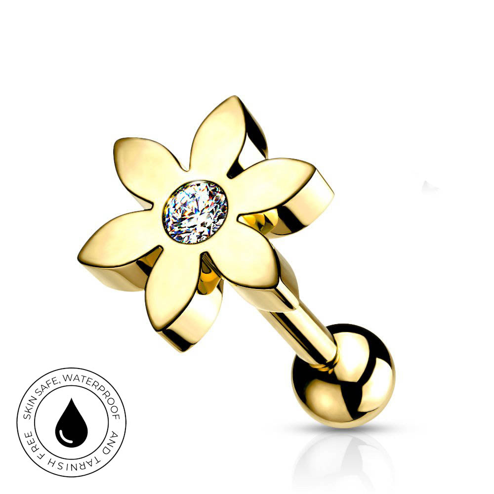 Gold flower-shaped nipple piercing barbell with a clear round-cut gemstone in the center, shown on a white background with a circular skin-safe waterproof badge in the lower-left corner.