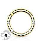 A gold-plated circular ring with five clear, round-cut gemstones spaced evenly around the band, shown on a white background with a small circular 'Skin Safe Waterproof' badge in the lower-left corner.