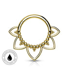 Gold-plated flower-shaped hoop piercing jewelry with a beaded chain detail, shown on a white background with a 'Skin Safe Waterproof' badge in the lower-left corner.