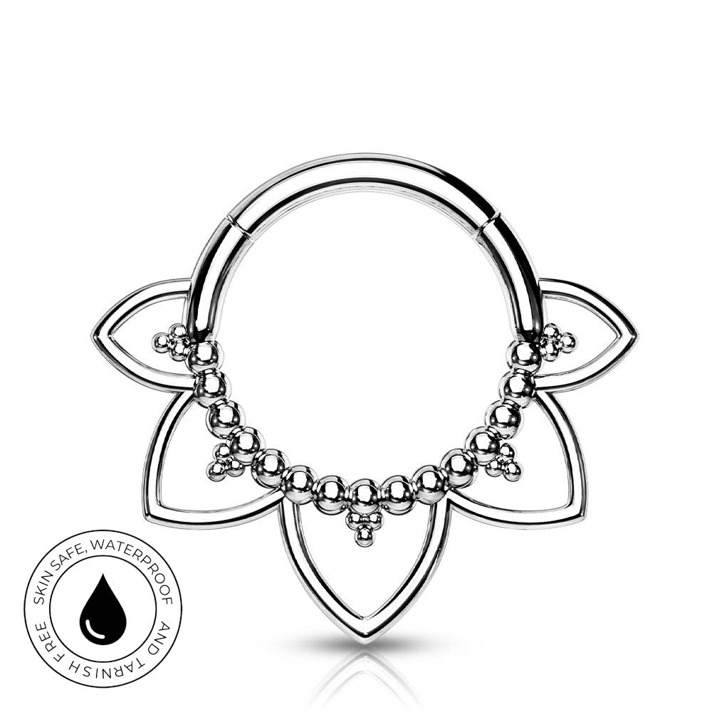 A silver-toned metal lip ring with a lotus petal design and a beaded chain detail, shown on a white background with a small circular skin-safe waterproof badge in the lower left.