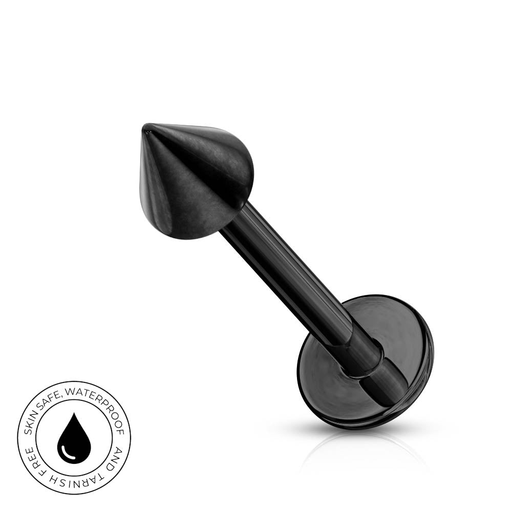 A black silicone or rubber navel piercing barbell with a conical tip and a flat circular base, shown on a white background with a circular 'Skin Safe Waterproof' badge in the bottom-left corner.