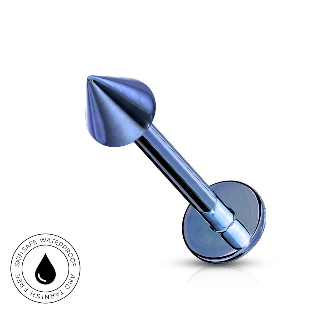 A metallic blue curved barbell piercing with a conical tip and a round flat-back end, shown on a white background with a circular 'skin-safe waterproof' badge in the lower-left corner.