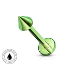 A metallic green labret piercing barbell with a conical tip and a flat circular backing, shown on a clean white background with a small circular 'skin-safe waterproof' badge in the lower-left corner.
