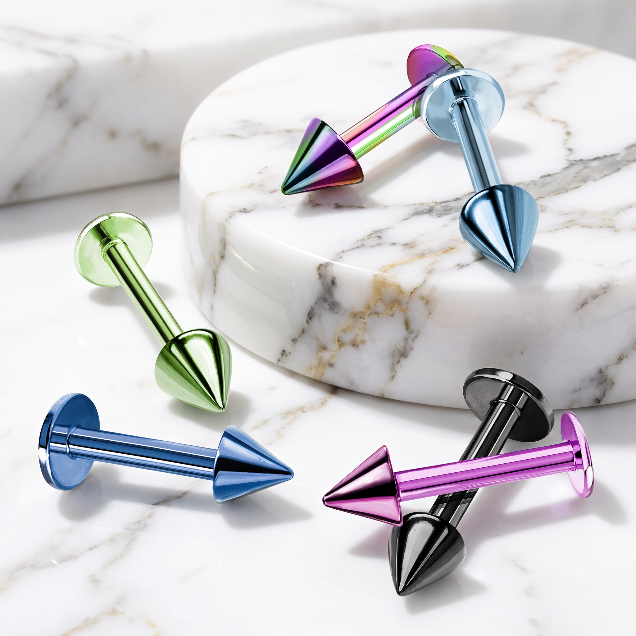 Four metallic curved barbell piercings in different colors are arranged on a white marble surface and a round marble pedestal. The colors visible are iridescent purple and blue, light blue, mint green, and black with a magenta-pink tip.