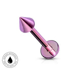 A metallic pink rose gold labret piercing barbell with a conical tip and flat back, shown on a white background with a circular 'Skin Safe Waterproof' badge in the bottom-left corner.