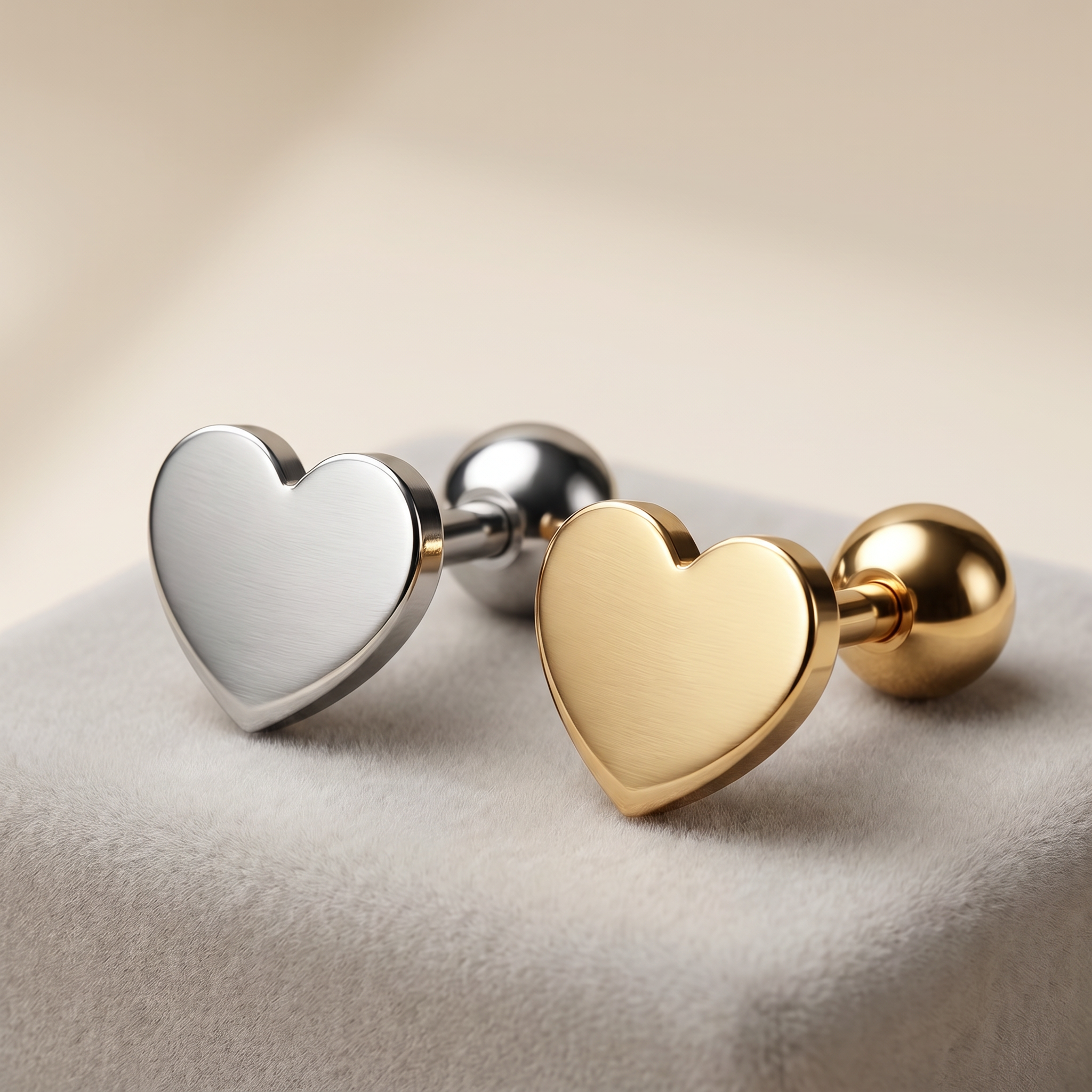 Two heart-shaped stud earrings displayed on a soft beige surface, one in polished silver and one in polished gold, with matching round ball backings.