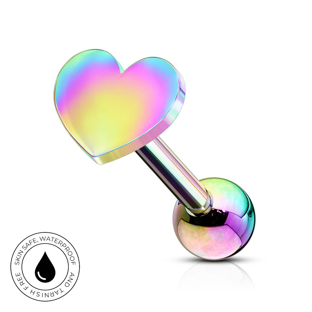 An iridescent rainbow heart-shaped labret piercing barbell with a matching round ball end, shown on a white background with a small 'Skin Safe Waterproof' badge in the lower-left corner.
