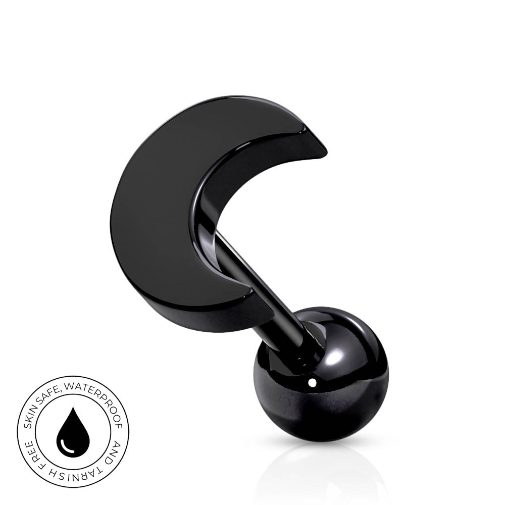 A glossy black curved barbell-style body jewelry piece with a round ball end, shown on a clean white background. A circular badge in the lower left reads 'Skin Safe Waterproof' with a droplet icon.