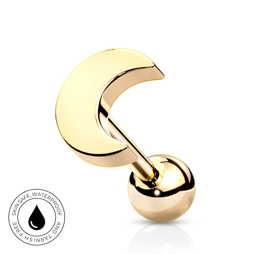Gold crescent moon and ball barbell stud earring on a white background, with a circular skin-safe waterproof badge in the bottom-left corner.