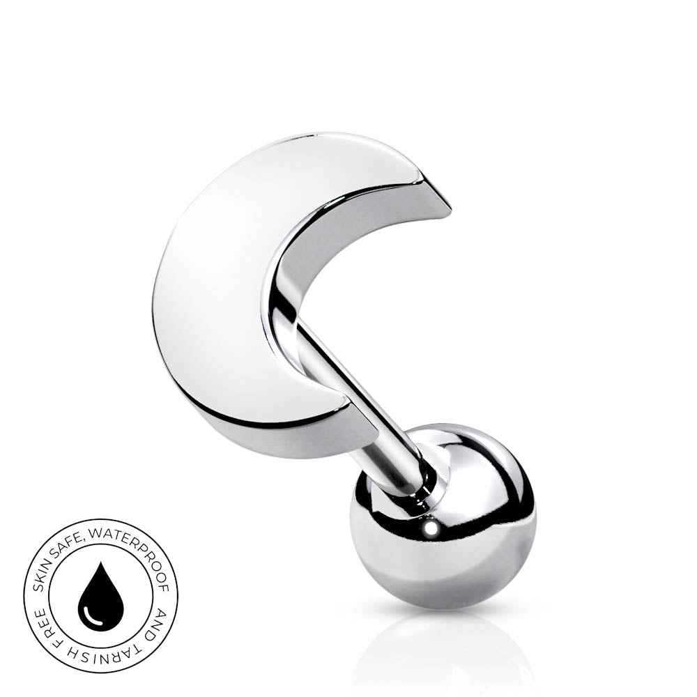 A polished silver-toned curved barbell stud piercing jewelry with a spherical ball end, shown on a clean white background with a small circular skin-safe waterproof badge in the lower left.