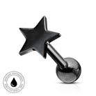 A black star-shaped body jewelry stud with a polished metallic ball end, shown on a clean white background with a small circular 'Skin Safe Waterproof' badge in the lower left corner.