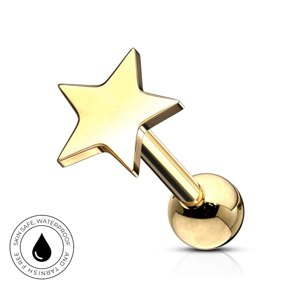 A gold star-shaped cartilage piercing stud with a spherical ball back, shown on a white background with a 'Skin Safe Waterproof' badge in the bottom-left corner.