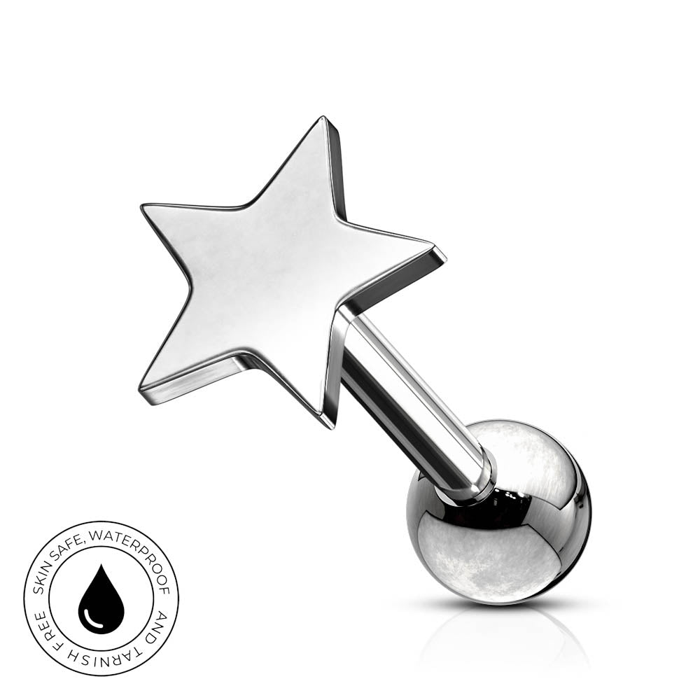 A silver-toned star-shaped cartilage barbell stud with a polished ball back, shown on a white background with a circular 'Skin Safe Waterproof' badge in the lower-left corner.